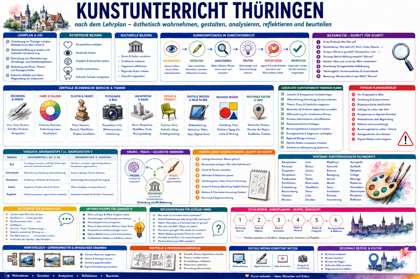 Kunstunterricht nach dem Lehrplan Thüringen planen: Infografik zu ästhetischer Bildung, kultureller Bildung, Gestaltung, Wahrnehmung, Deutung, Reflexion, Bildanalyse, Kunstgeschichte, Bauhaus-Bezügen, Sekundarstufe I, Oberstufe und Unterrichtsideen.