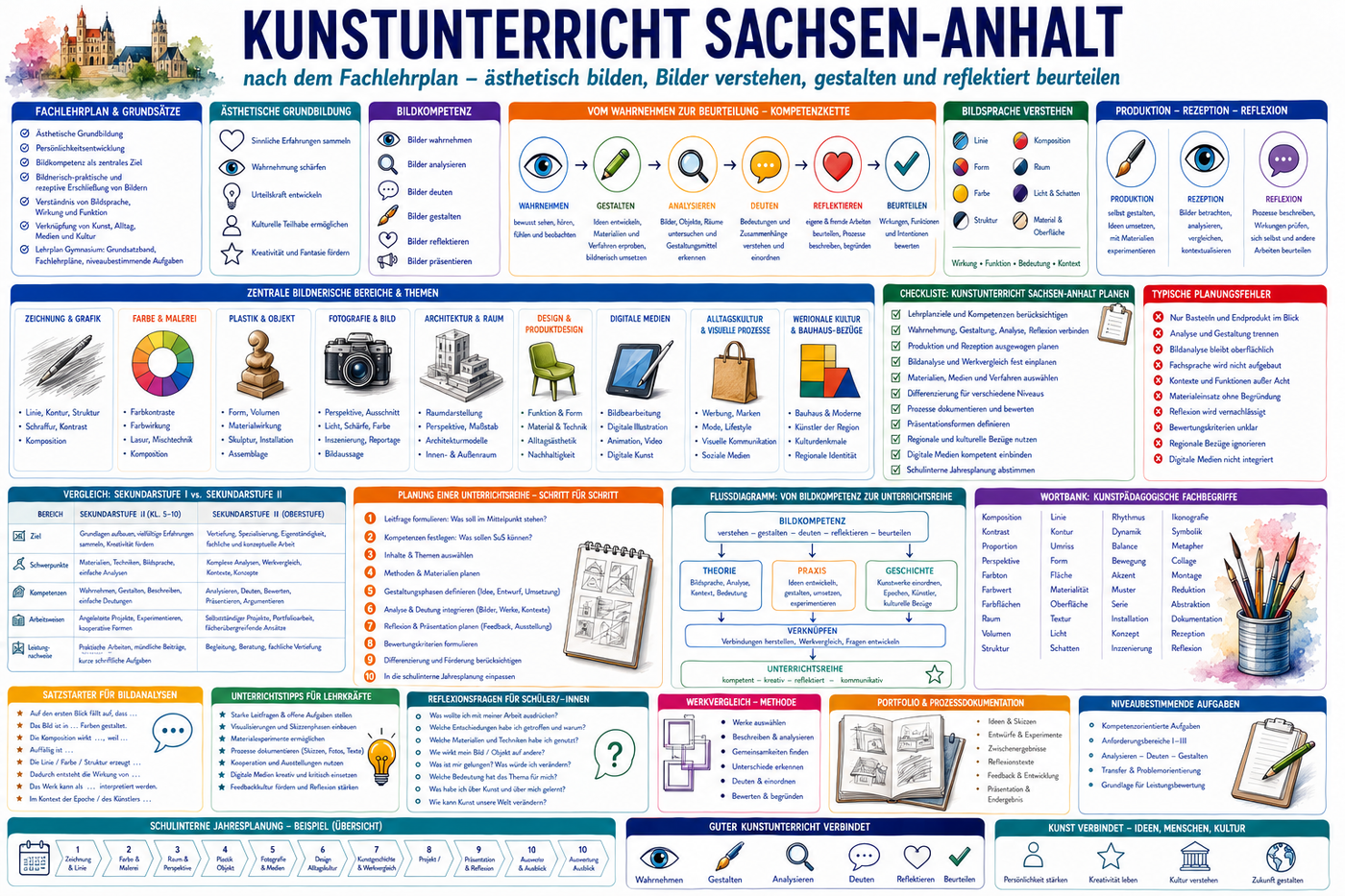 Infografik zu Kunstunterricht in Sachsen-Anhalt mit Fachlehrplan, Bildkompetenz, Bildanalyse und Oberstufe.
