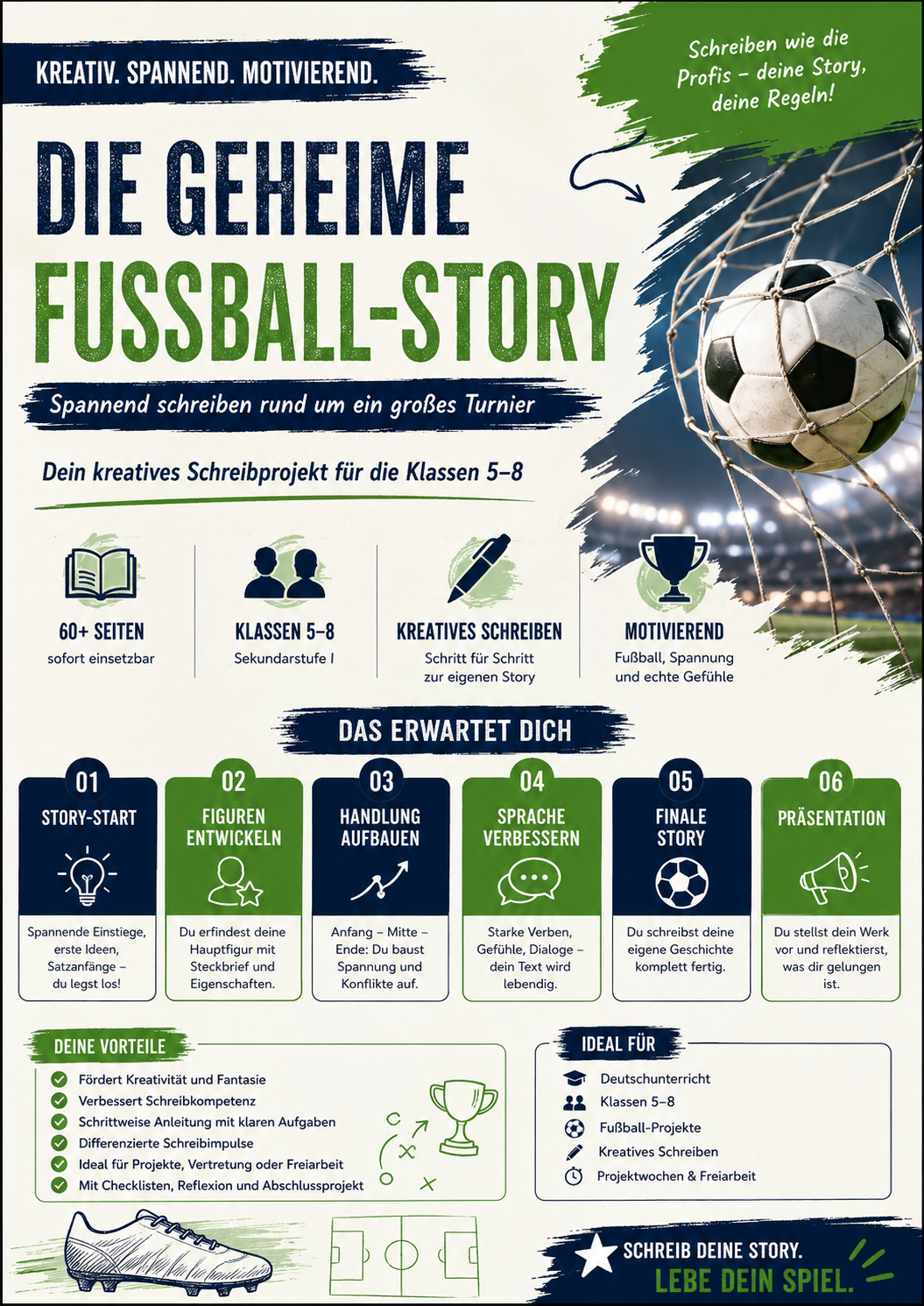 Produktbild zu einem kreativen Schreibprojekt im Deutschunterricht: „Die geheime Fußball-Story“ für Klassen 5–8 mit Fußball-Thema, Storyplanung, Figurenentwicklung, Spannung, Dialogen und 60+ Seiten Unterrichtsmaterial.