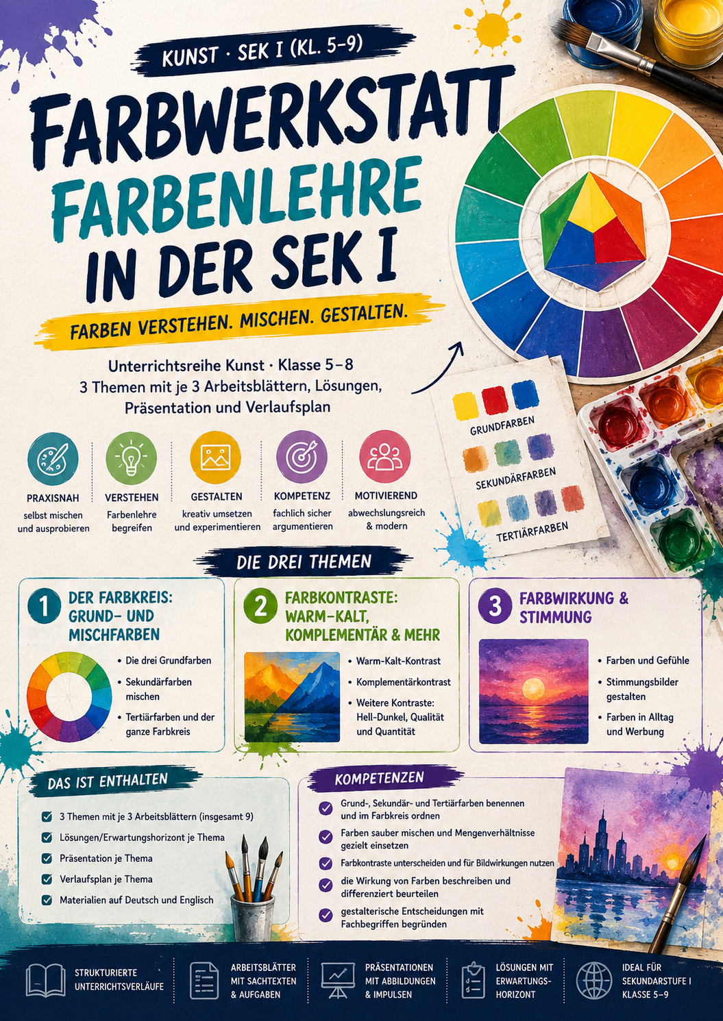 Unterrichtsmaterial zur Farbenlehre in der Sek I mit Farbkreis, Farbkontrasten und Farbwirkung für Kunst Klasse 5 bis 8