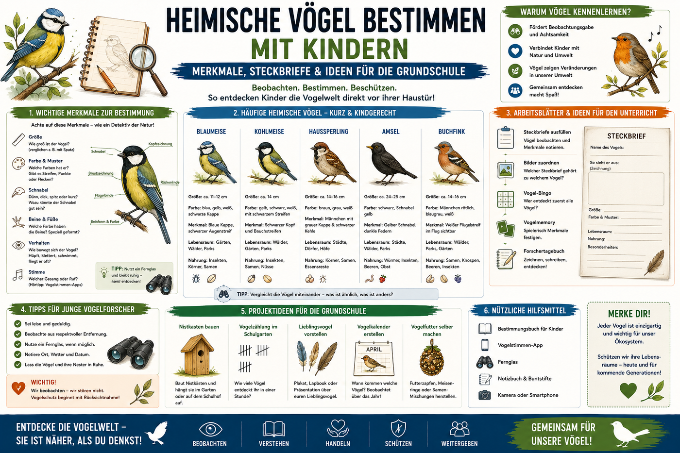 Heimische Vögel bestimmen mit Kindern Infografik zu Vogelarten Steckbriefen Merkmalen Grundschule Sachunterricht und Unterrichtsmaterial