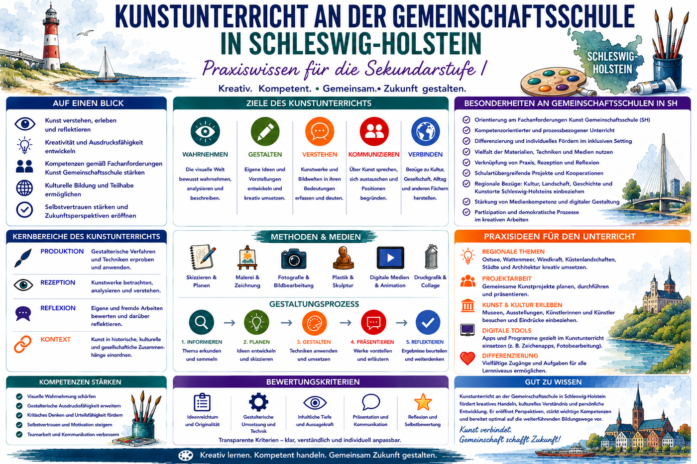 Kunstunterricht Sek I Schleswig Holstein Infografik mit Unterrichtsideen kreativen Praxisaufgaben und Unterrichtsmaterial Kunst