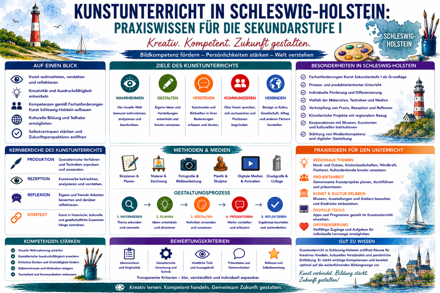 Kunstunterricht Sek I Schleswig Holstein Infografik mit Unterrichtsideen kreativen Praxisaufgaben und Unterrichtsmaterial Kunst