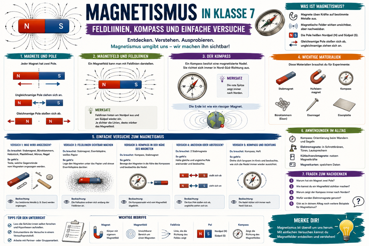 Magnetismus in Klasse 7 Infografik zu Feldlinien Kompass Magneten Experimenten Physikunterricht und Unterrichtsmaterial