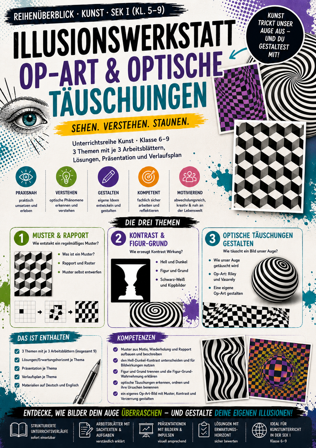 Illusionswerkstatt: Op-Art & optische Täuschungen – Muster, Kontrast & Illusion | Kunst Sek I (Kl. 6–9)