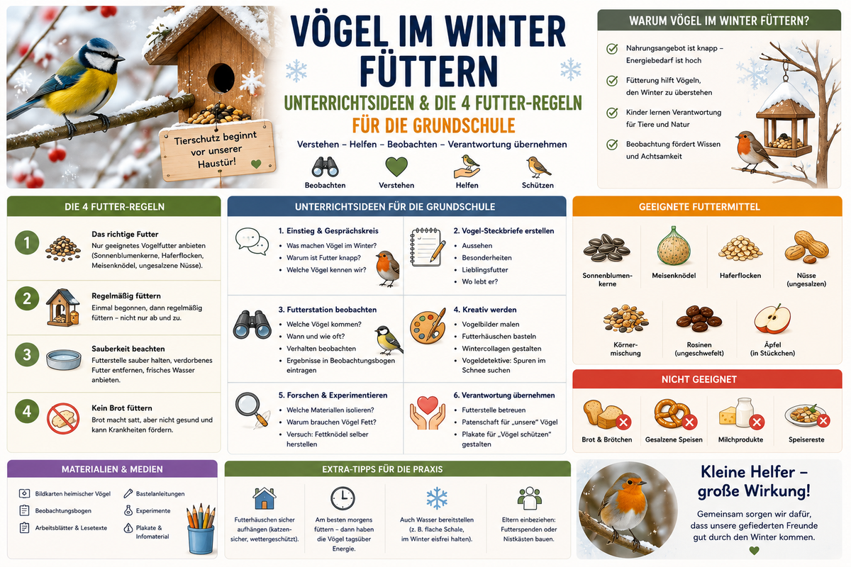 Vögel im Winter füttern Grundschule mit Futterregeln Beobachtungsaufgaben Unterrichtsideen und Unterrichtsmaterial