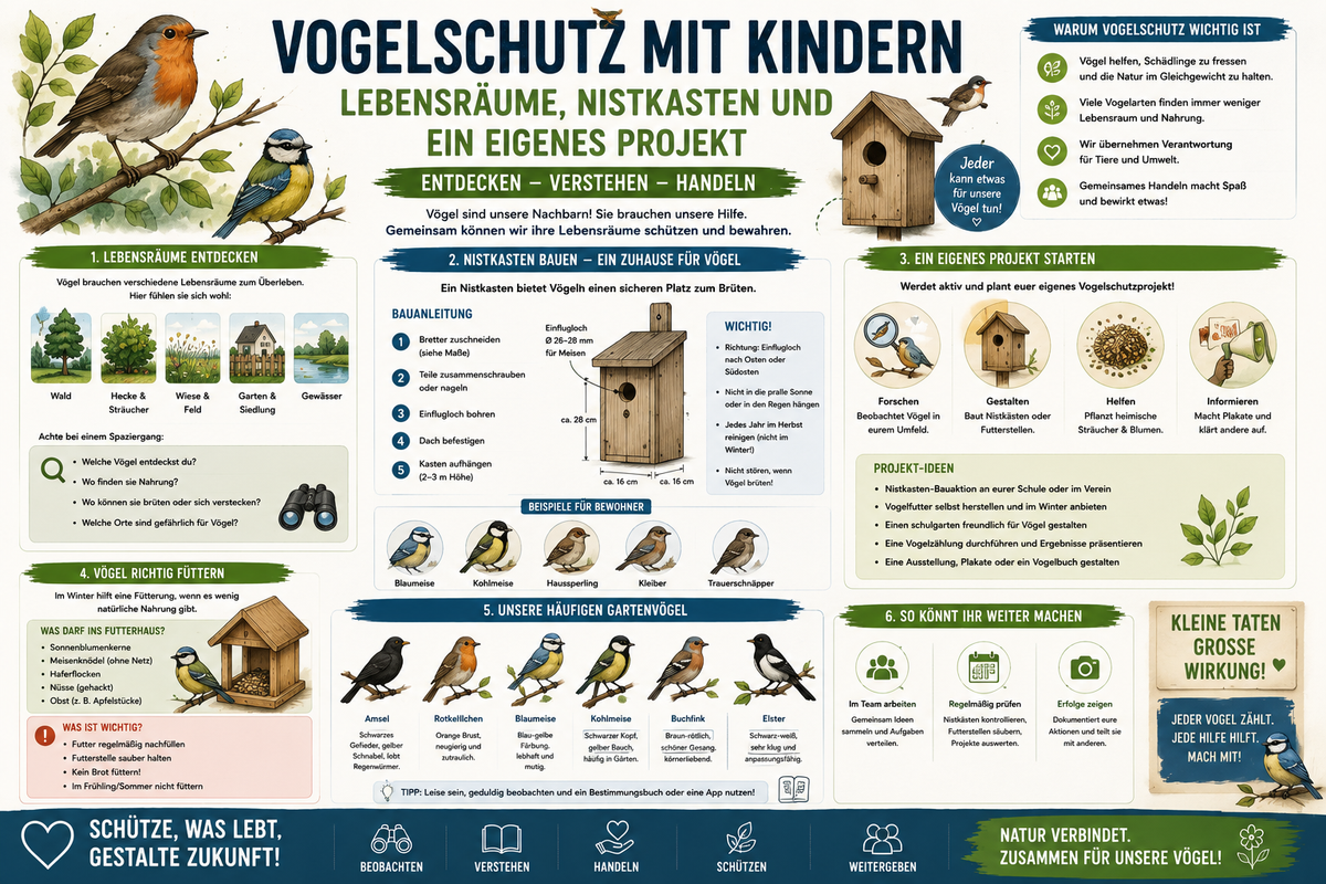 Vogelschutz mit Kindern Infografik zu Lebensräumen Nistkasten Vogelprojekt Grundschule Sachunterricht und Unterrichtsmaterial