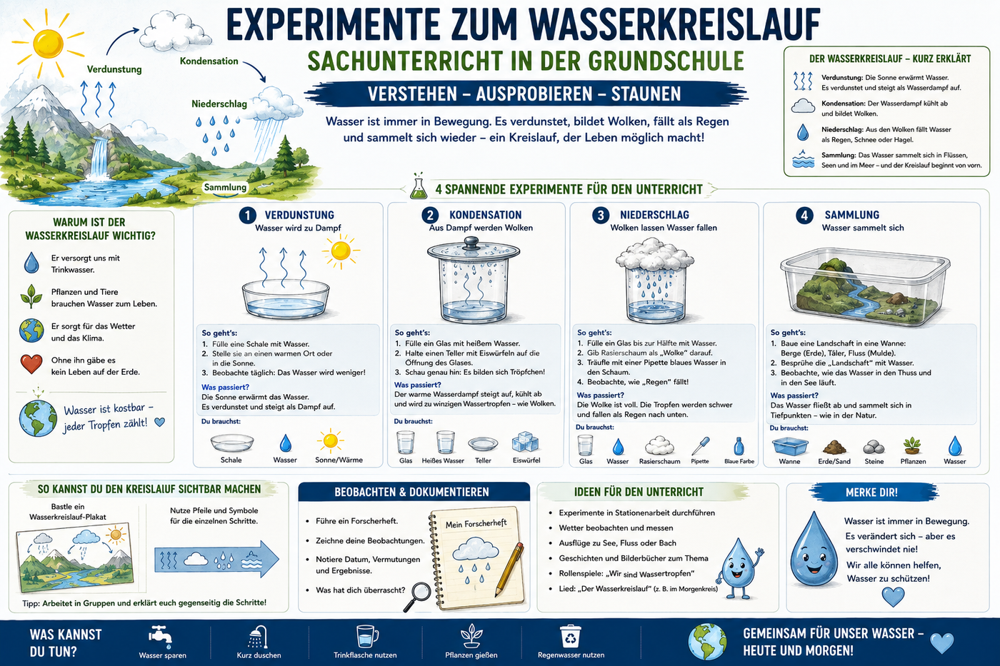 Experimente zum Wasserkreislauf Infografik zu Verdunstung Kondensation Niederschlag Grundschule Sachunterricht und Unterrichtsmaterial