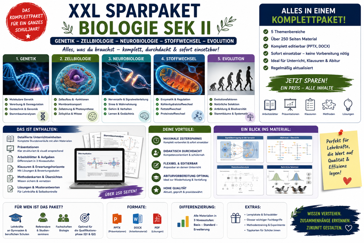 XXL Sparpaket Biologie Sek II mit Genetik Zellbiologie Neurobiologie Stoffwechsel Evolution und Unterrichtsmaterial