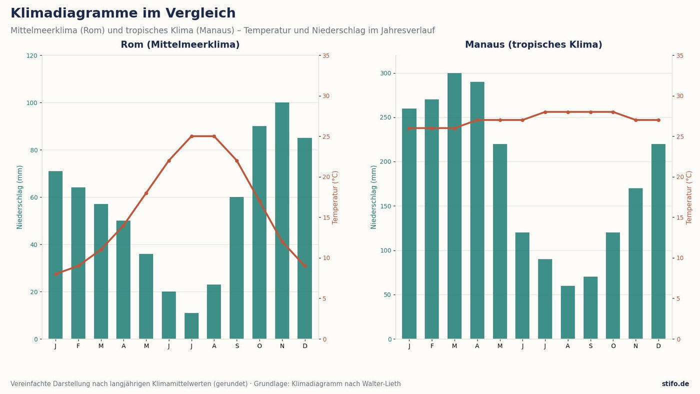 Klimadiagramme im Vergleich: Temperatur- und Niederschlagsverlauf von Rom und Manaus im Jahresverlauf