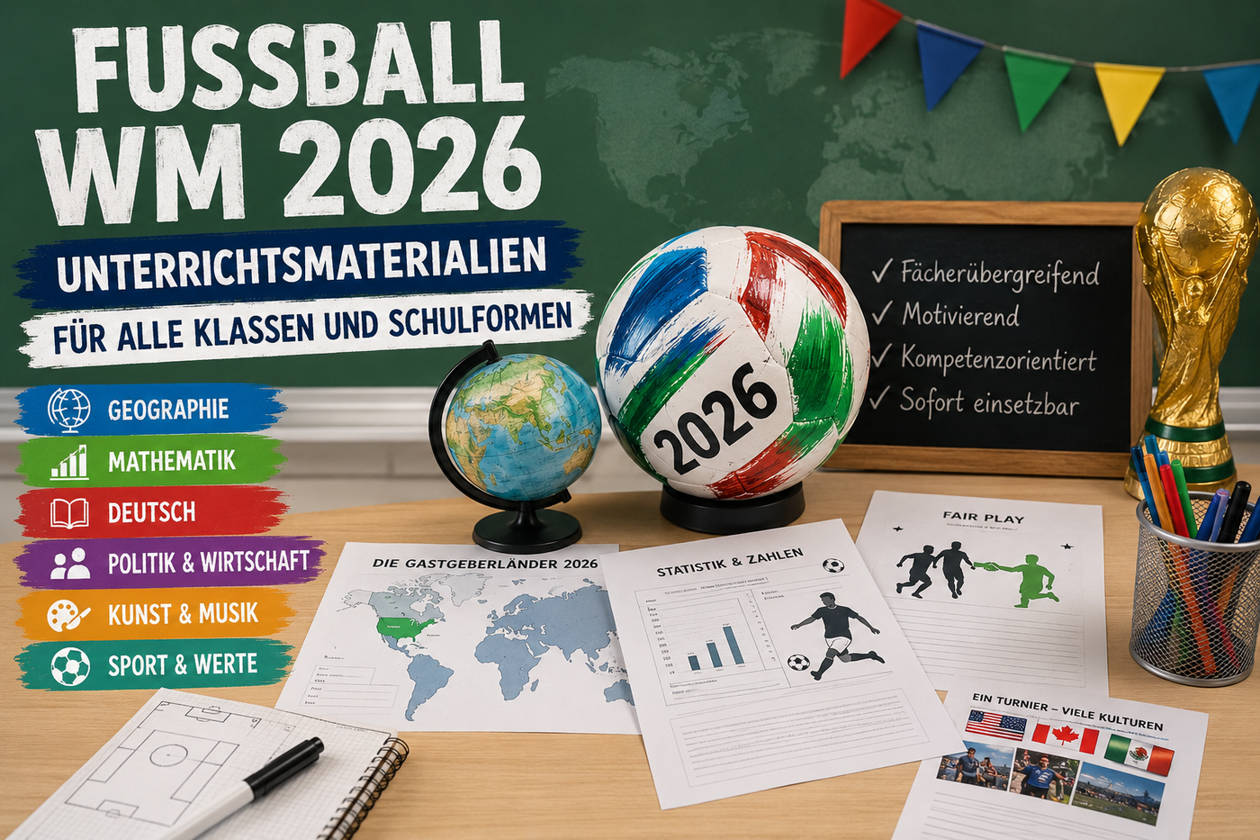 Fußball-WM 2026 Unterrichtsmaterialien für alle Klassen mit Arbeitsblättern, Fußball, Globus und Weltkarte.