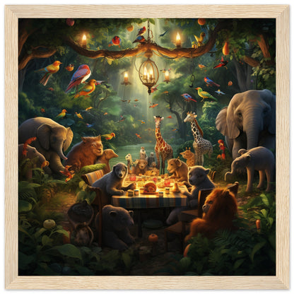 Animal festival in the jungle - poster with wooden frame 