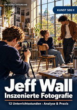 Titelbild zur Unterrichtsreihe Jeff Wall, inszenierte Fotografie, Kunst Sek II: Jugendliche gestalten eine Fotoszene im Kunstraum; 12 Unterrichtsstunden, Analyse und Praxis. KI-generierte Illustration, kein Jeff-Wall-Werk.