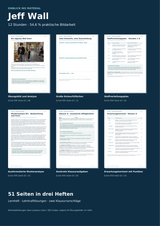 Vorschau mit sechs echten Seiten aus dem Jeff-Wall-Unterrichtsmaterial: Übungsbild, Entwurfsskizzen, Stoffverteilungsplan, Musteranalyse, Klausuraufgaben und Erwartungshorizont.