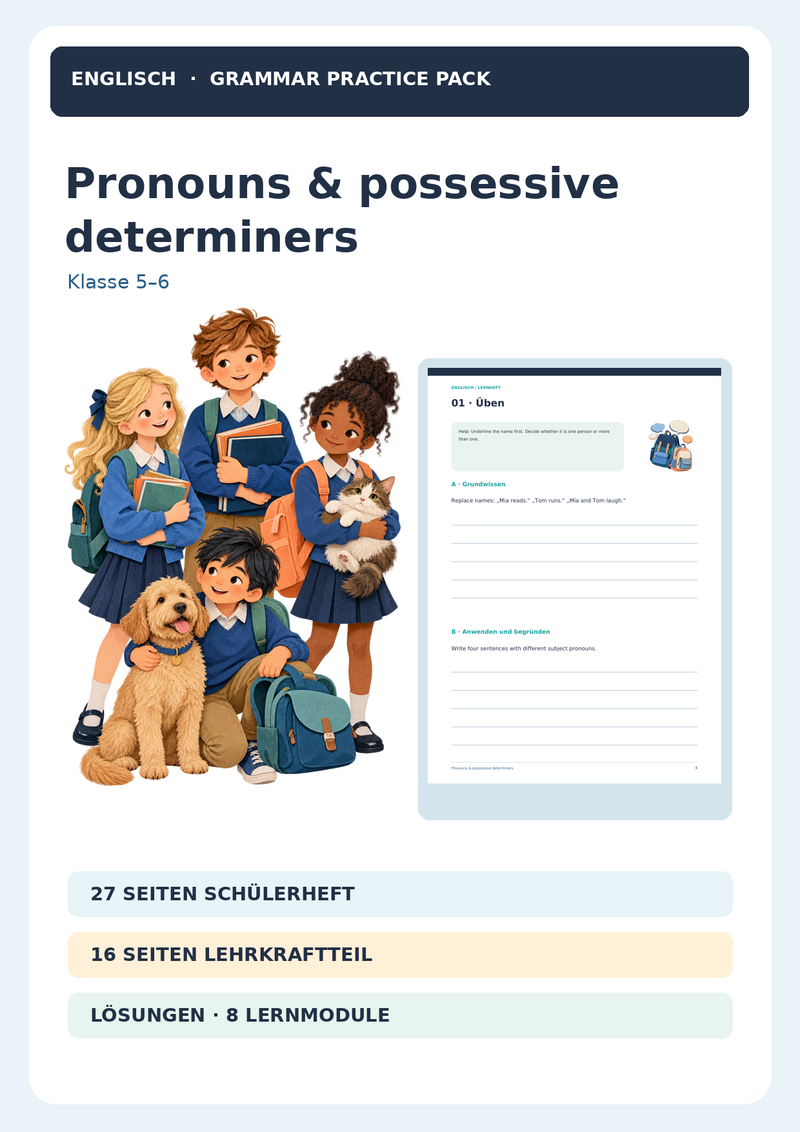 Pronouns & Possessive Determiners – I/me/my, this/that & Whose? | Englisch Unterrichtsmaterial Klasse 3–6