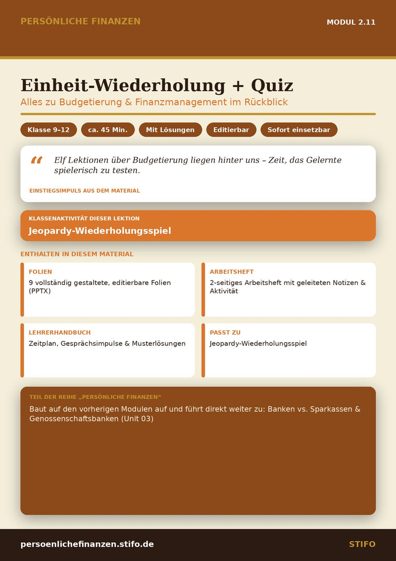 Einheit-Wiederholung + Quiz – Budgetierung & Finanzmanagement | Persönliche Finanzen Modul 2.11