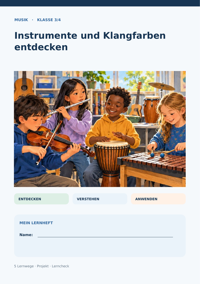 Instrumente und Klangfarben entdecken – Saiten, Luft, Fell & eigenes Klangstück | Musik Grundschule Klasse 3–4