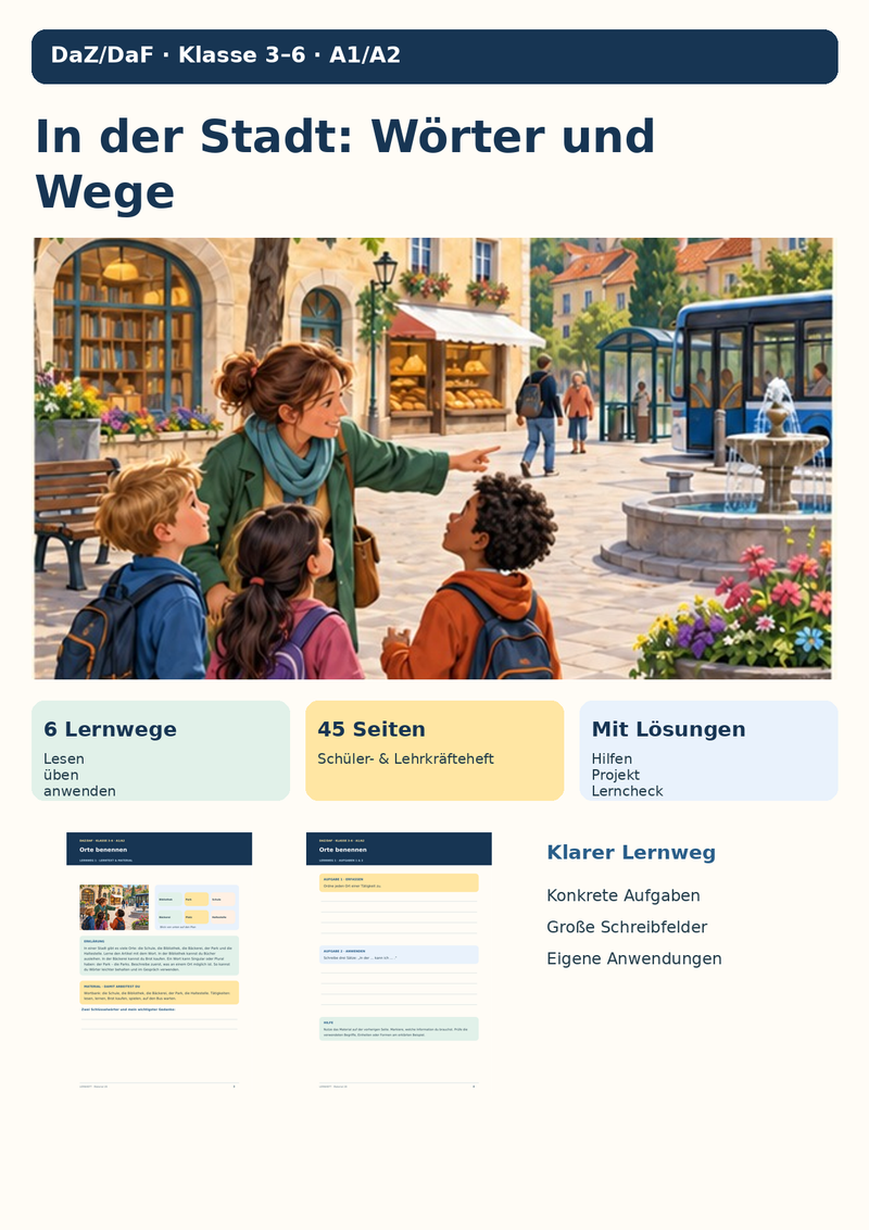 In der Stadt: Wörter und Wege – Orte, Wegbeschreibung, Termine | DaZ/DaF Klasse 3–6 (A1/A2)