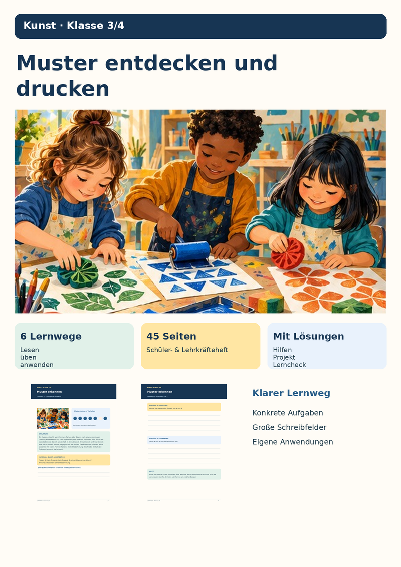 Muster entdecken und drucken – Stempeldruck und Flächenmuster | Kunst Klasse 3/4