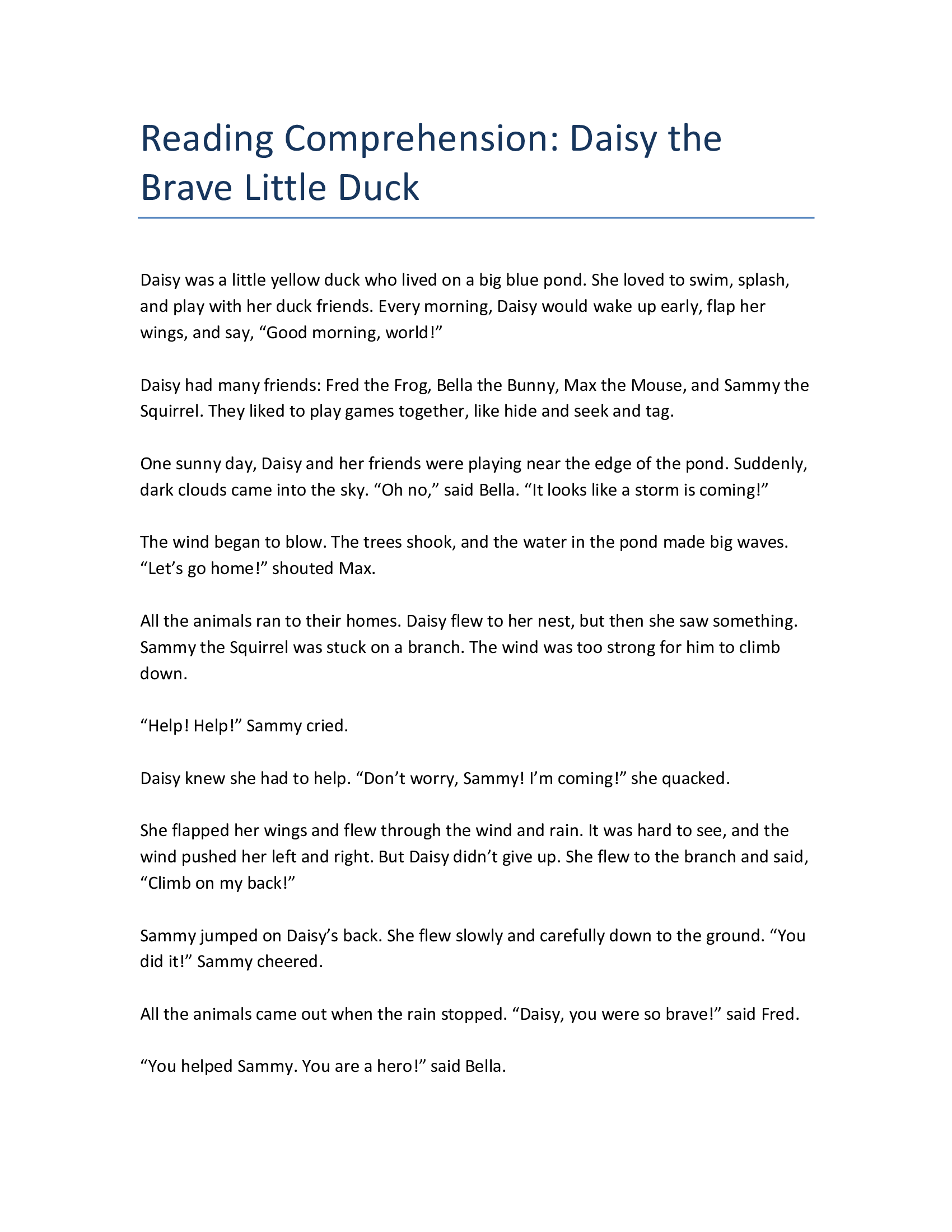 Reading Comprehension in Grade 1 – Daisy the Brave Little Duck