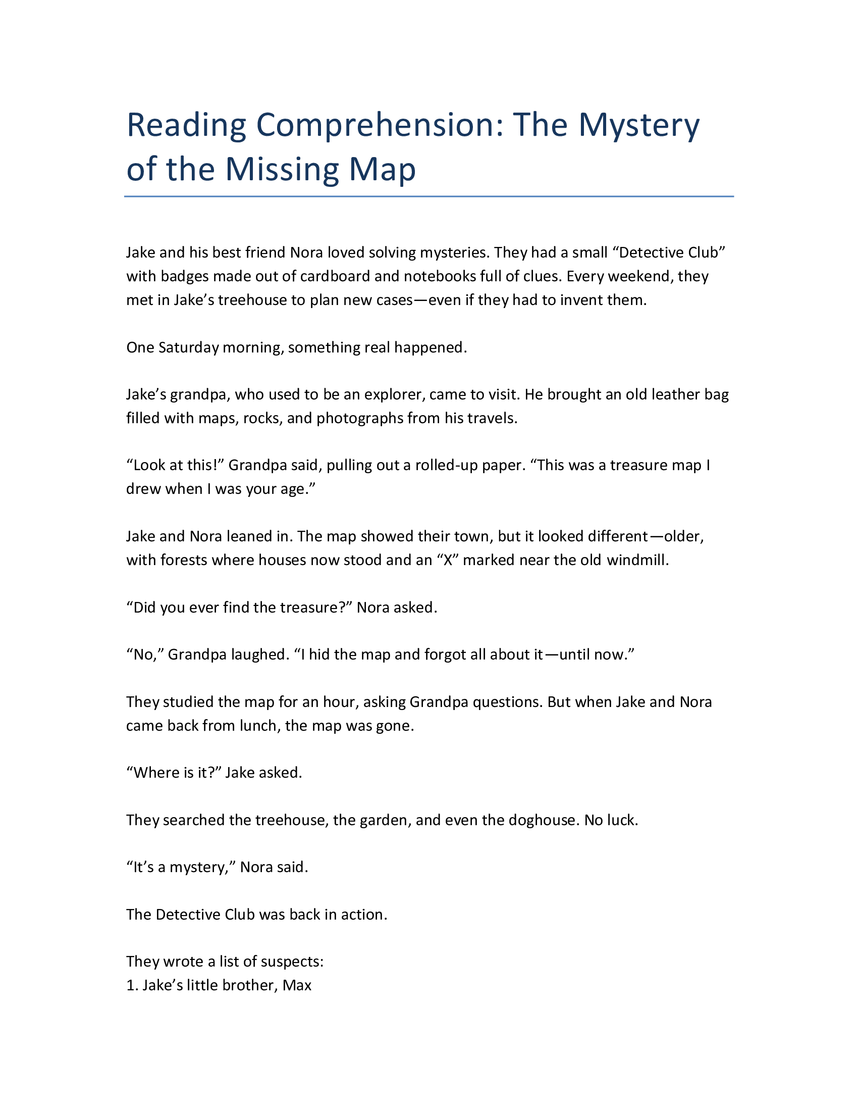 The Mystery of the Missing Map - Reading Comprehension