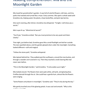 Grade 3 Reading Comprehension – Mia and the Moonlight Garden