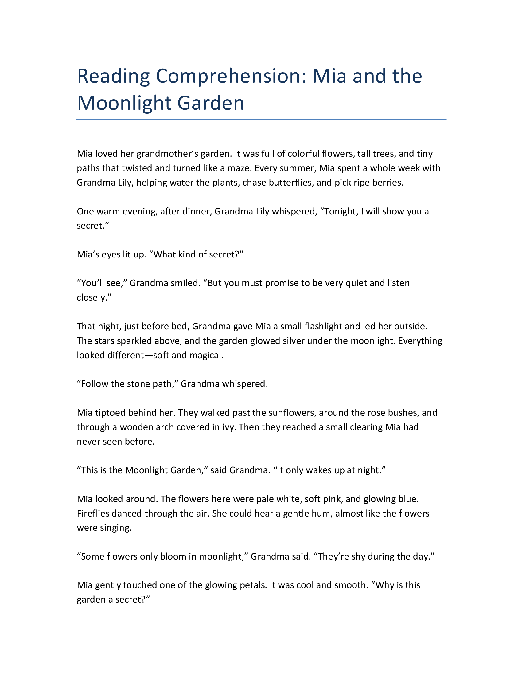 Grade 3 Reading Comprehension – Mia and the Moonlight Garden