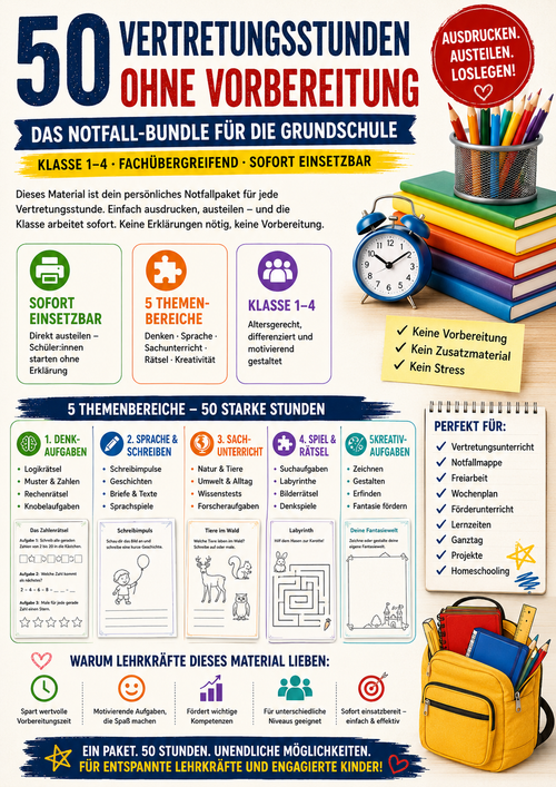 Fachübergreifendes Unterrichtsmaterial für 50 Vertretungsstunden in der Grundschule mit Denkaufgaben, Sprachförderung, Sachunterricht, Rätseln und Kreativaufgaben für Klasse 1 bis 4.
