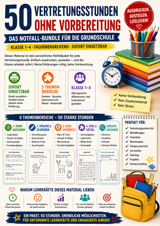 Fachübergreifendes Unterrichtsmaterial für 50 Vertretungsstunden in der Grundschule mit Denkaufgaben, Sprachförderung, Sachunterricht, Rätseln und Kreativaufgaben für Klasse 1 bis 4.
