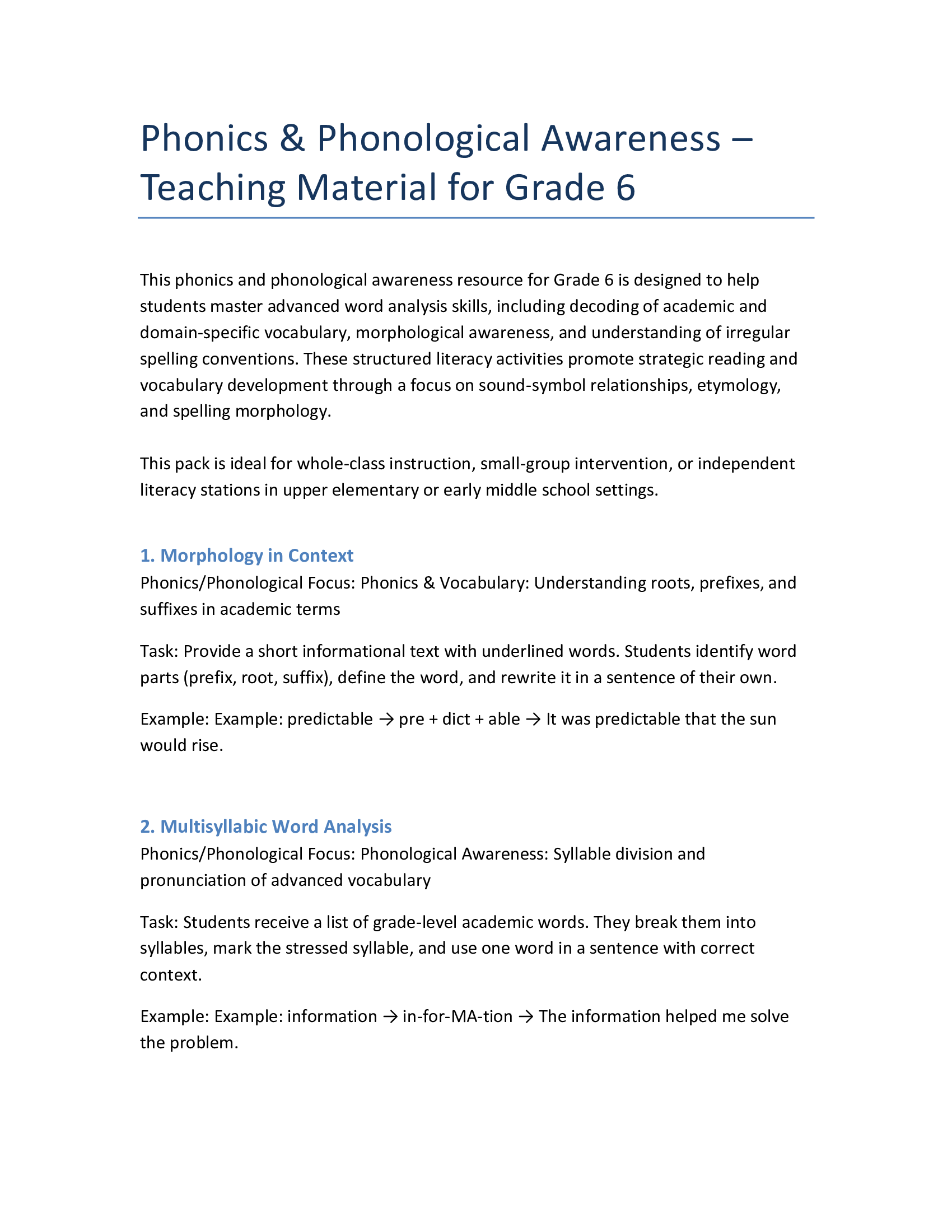 Grade 6 Phonics & Academic Word Study – Roots, Prefixes, Patterns