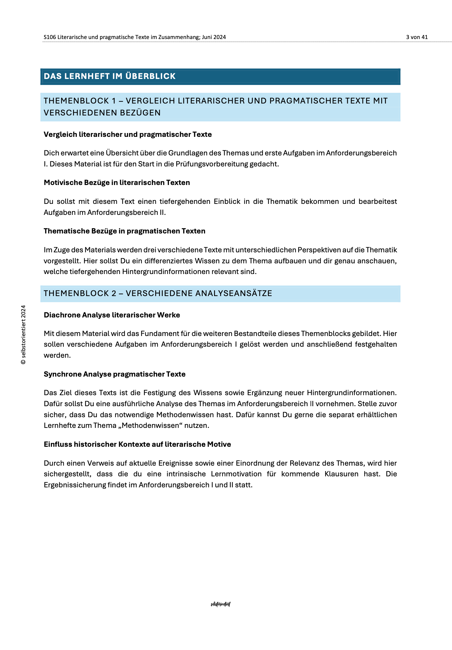 Lernheft "Literarische und pragmatische Texte im Zusammenhang: motivische und thematische, diachrone und synchrone Bezüge"