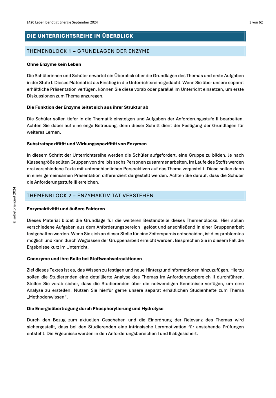 Enzyme und Stoffwechsel - Unterrichtsmaterial