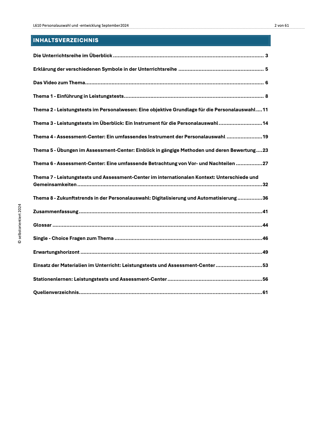 Leistungstests und Assessment-Center - Unterrichtsmaterial