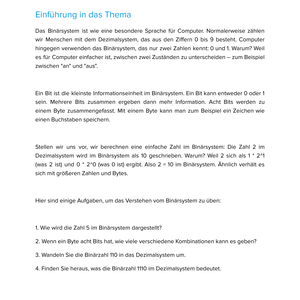 Unterrichtsmaterial „Binärzahlen, Bits und Bytes (Binärsystem)“ (SEK I)