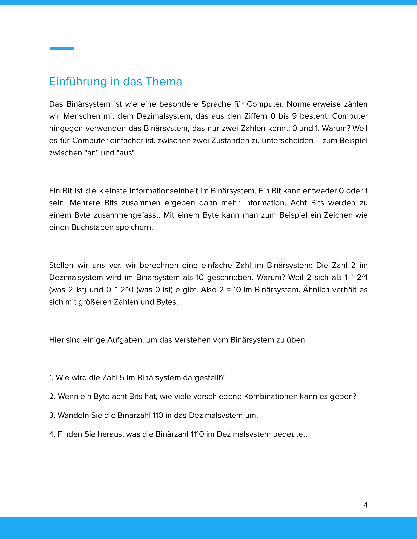 Unterrichtsmaterial „Binärzahlen, Bits und Bytes (Binärsystem)“ (SEK I)