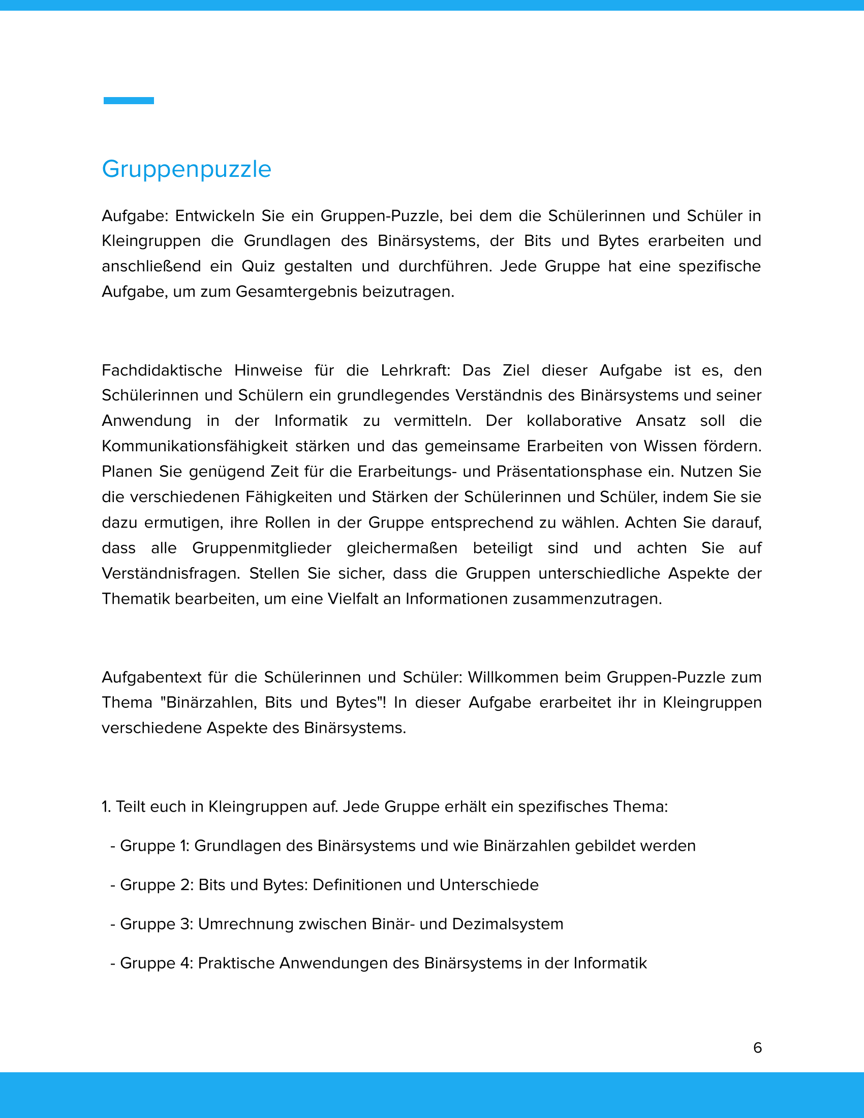 Unterrichtsmaterial „Binärzahlen, Bits und Bytes (Binärsystem)“ (SEK I)