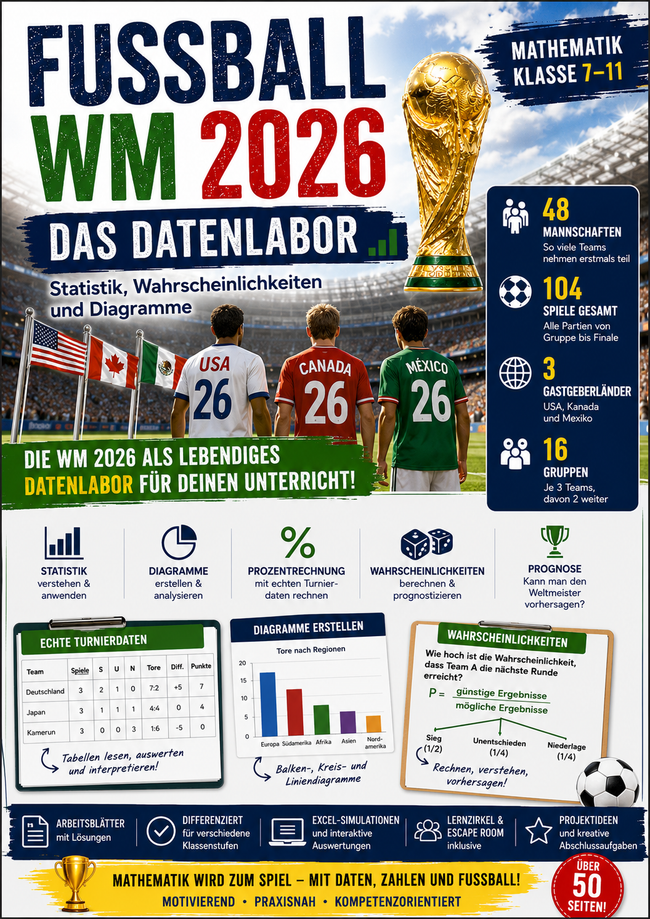 Fußball-WM 2026 Mathematik Unterrichtsmaterial für Klasse 7 bis 11 mit Statistik, Wahrscheinlichkeiten, Diagrammen, Prozentrechnung und Datenanalyse