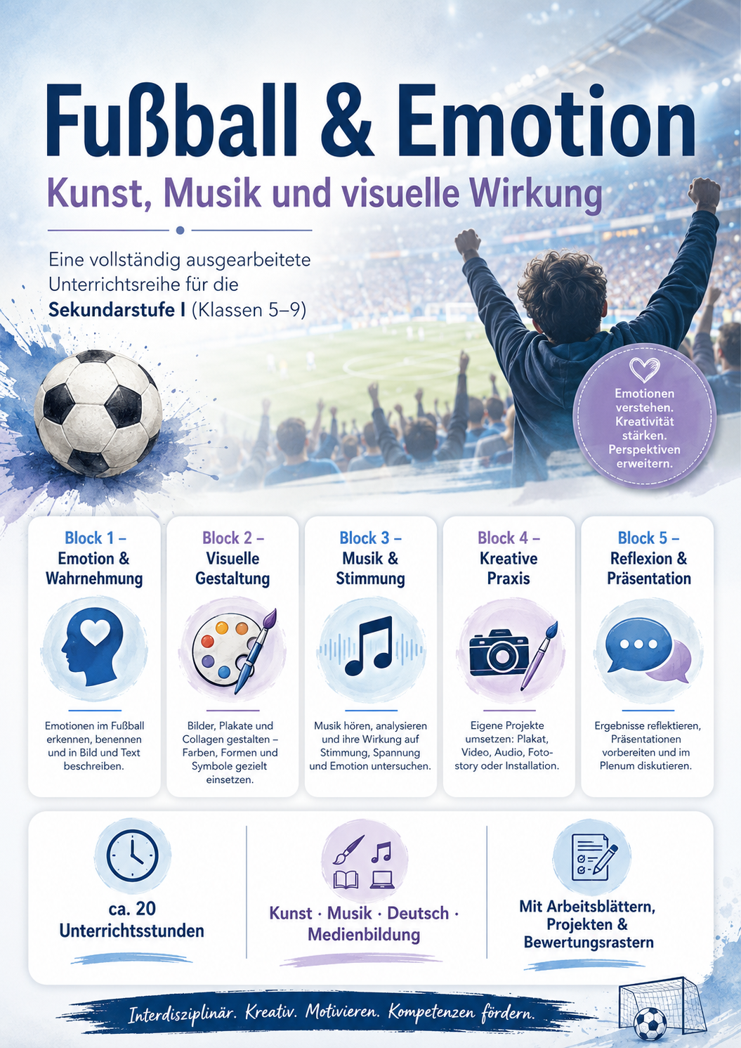 Fußball-WM 2026 Unterrichtsmaterial für Klasse 5 bis 9 zu Emotion, Kunst, Musik, visueller Wirkung, Farbgestaltung, Symbolen und Sounddesign