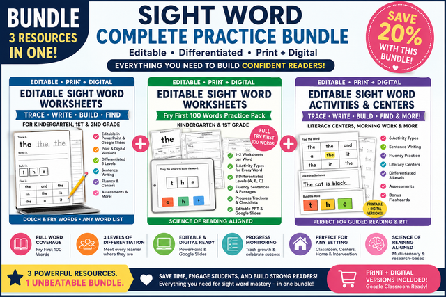 Editable Sight Word Bundle – Fry + Dolch Worksheets | Print & Digital