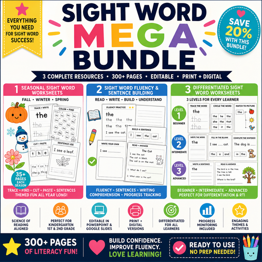 Ultimate Seasonal Sight Word Bundle | Editable K-2 Literacy Activities | Fall Winter Spring + Fluency Pack