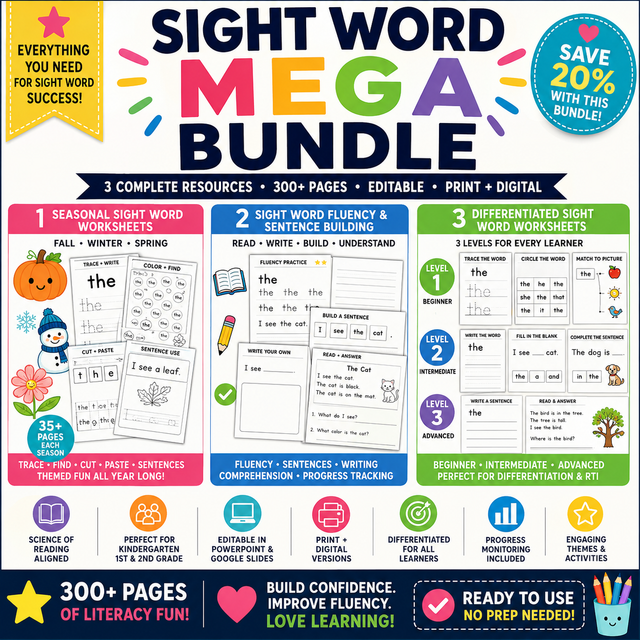 Ultimate Seasonal Sight Word Bundle | Editable K-2 Literacy Activities | Fall Winter Spring + Fluency Pack