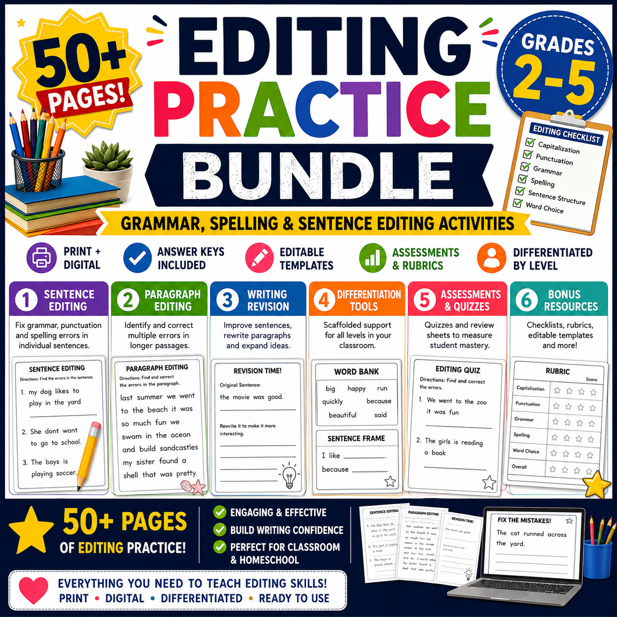 Editing Practice Bundle für Englisch | Grammatik, Rechtschreibung & Satzkorrektur Grades 2–5