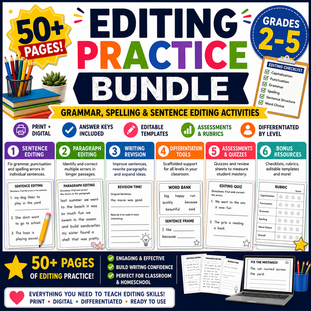 Editing Practice Bundle für Englisch | Grammatik, Rechtschreibung & Satzkorrektur Grades 2–5