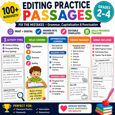Editing Practice Passages Grades 2-4 | Grammar, Punctuation & Capitalization Activities