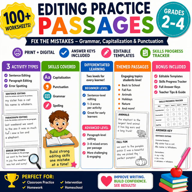 Editing Practice Passages Grades 2-4 | Grammar, Punctuation & Capitalization Activities