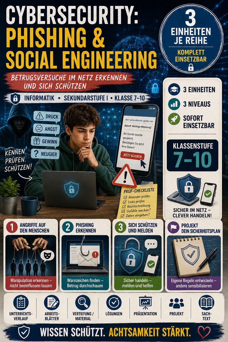 Cybersecurity: Phishing und Social Engineering – Informatik Unterrichtsmaterial (Sek I, Klasse 7–10)