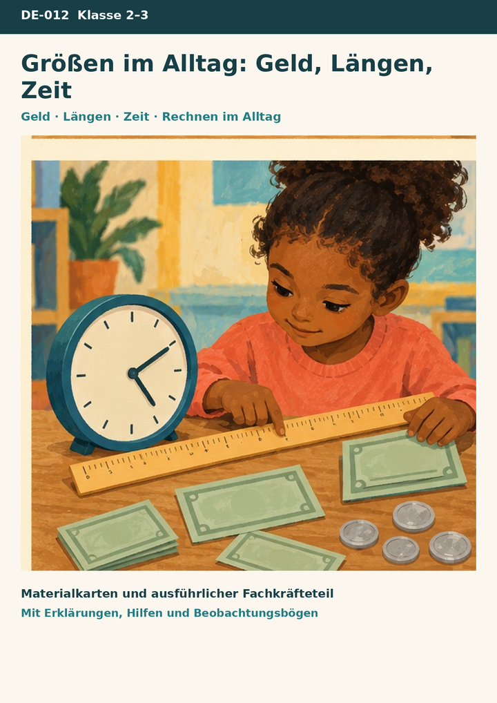 Größen im Alltag: Geld, Längen, Zeit – Messen, Einkaufen, Uhrzeit – Titelbild