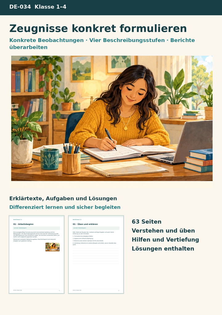 Zeugnisformulierungen und Lernentwicklungsberichte – Konkrete Beobachtungen in vier Stufen beschreiben – Titelbild