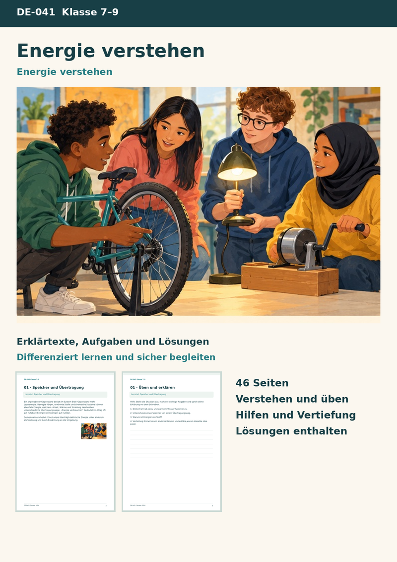 Energie verstehen – Basiskonzept Energie mit Rechenwegen, Energieflussdiagrammen und Projektauftrag – Titelbild