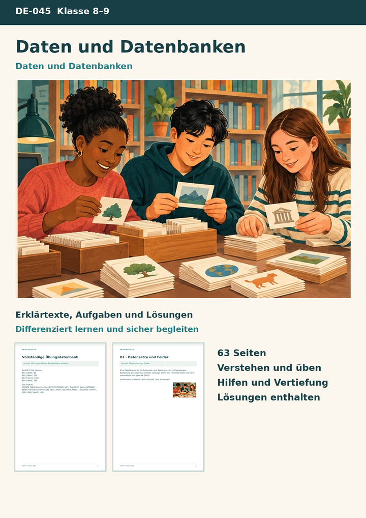 Daten und Datenbanken – Datensätze, Schlüssel, SELECT und WHERE mit Übungsdatenbank und Abfragelabor – Titelbild